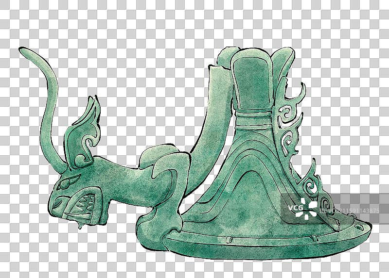 四川三星堆遗址文物 青铜爬龙器盖水墨插画免抠元素图片素材