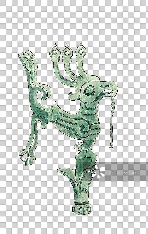 四川三星堆遗址文物 青铜神树枝头立鸟水墨插画免抠元素图片素材