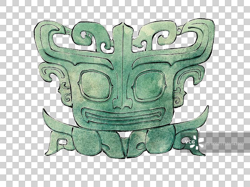 四川三星堆遗址文物 青铜兽面水墨插画免抠元素图片素材