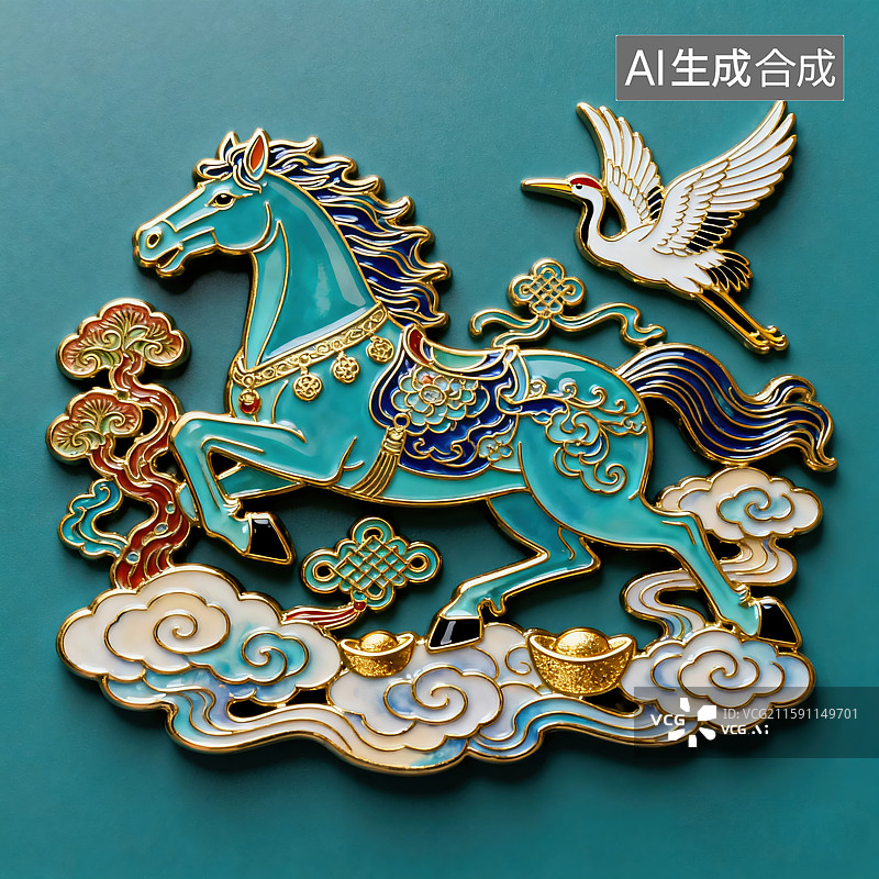 【AI数字艺术】马年主题景泰蓝珐琅彩风格-神驹献瑞图片素材