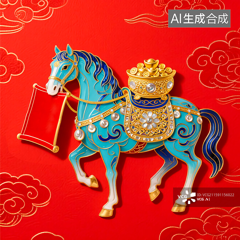 【AI数字艺术】神驹献瑞景泰蓝国潮风插画图片素材