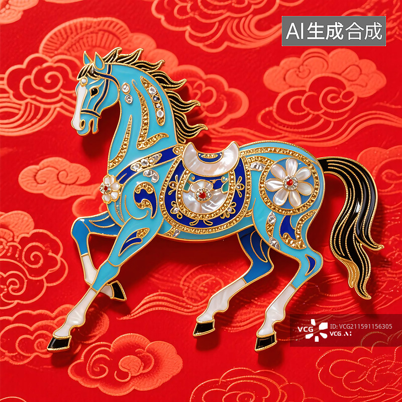 【AI数字艺术】马年大吉景泰蓝国潮风插画图片素材
