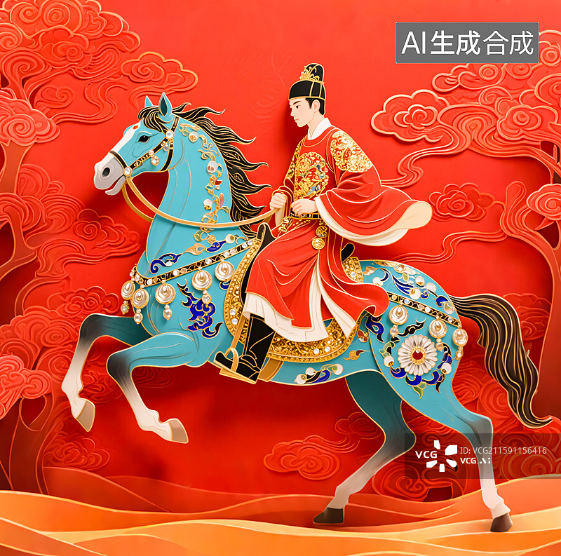 【AI数字艺术】鲜衣怒马景泰蓝国潮风插画图片素材