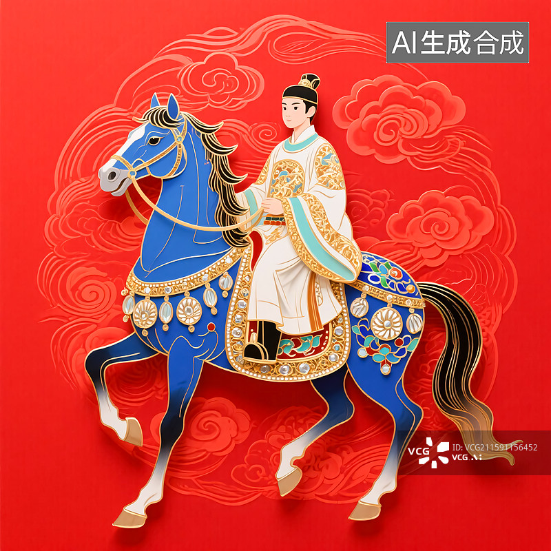 【AI数字艺术】鲜衣怒马景泰蓝国潮风插画图片素材