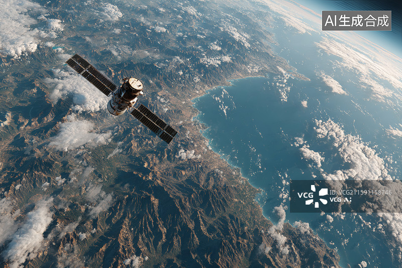 【AI数字艺术】太空视角，蓝色星球上空的卫星，卫星定位图片素材