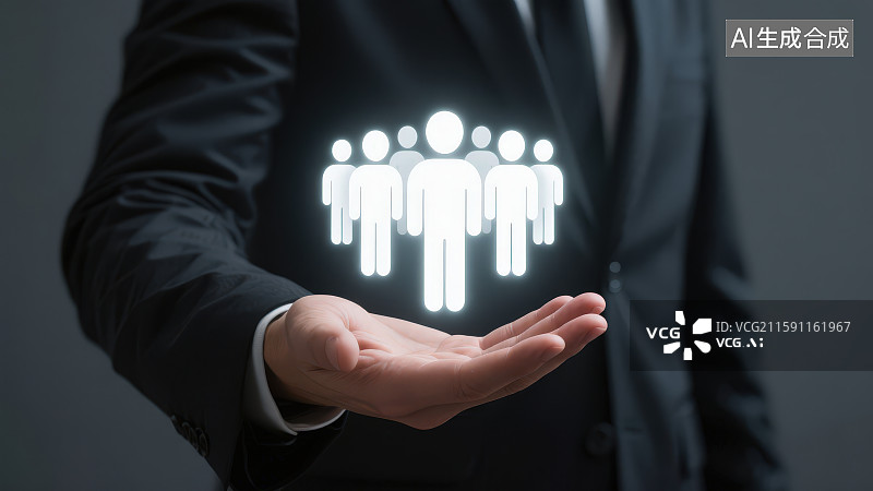【AI数字艺术】一位穿着西装的男人的手上是发光人形图案标志，团队合作和团队领导概念人力资源主题商务背景图片素材