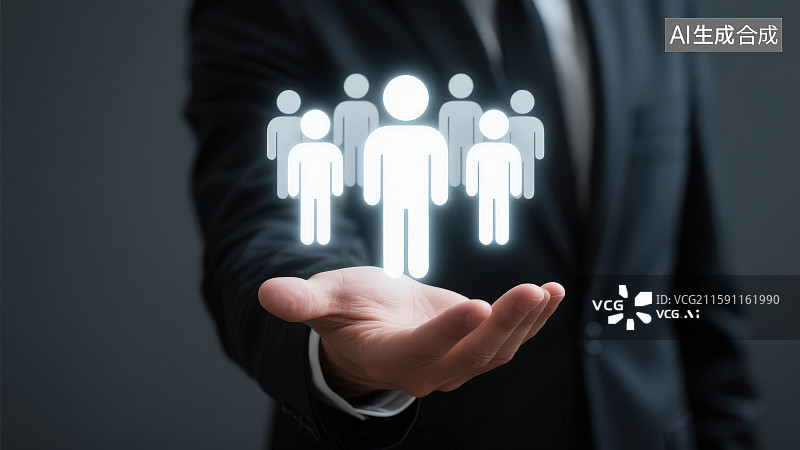 【AI数字艺术】一位穿着西装的男人的手上是发光人形图案标志，团队合作和团队领导概念人力资源主题商务背景图片素材