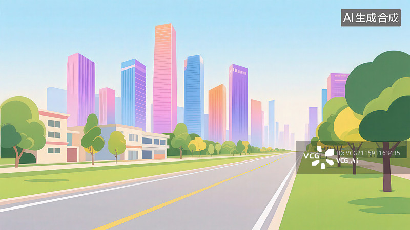 【AI数字艺术】扁平化风格空旷的城市建筑和都市道路公路风光背景图片素材