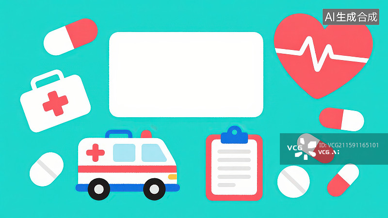 【AI数字艺术】绿色背景下有卡通救护车医疗包爱心心电图胶囊药片和记事本，医院医生医疗健康卡通简约科技白色边框插画背景图片素材