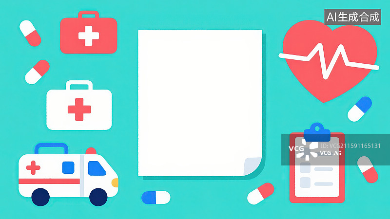 【AI数字艺术】绿色背景下有卡通救护车医疗包爱心心电图胶囊药片和记事本，医院医生医疗健康卡通简约科技白色边框插画背景图片素材