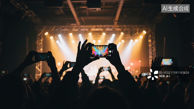 【AI数字艺术】观看演唱演出的人手举智能手机正在录像拍照记录生活图片素材