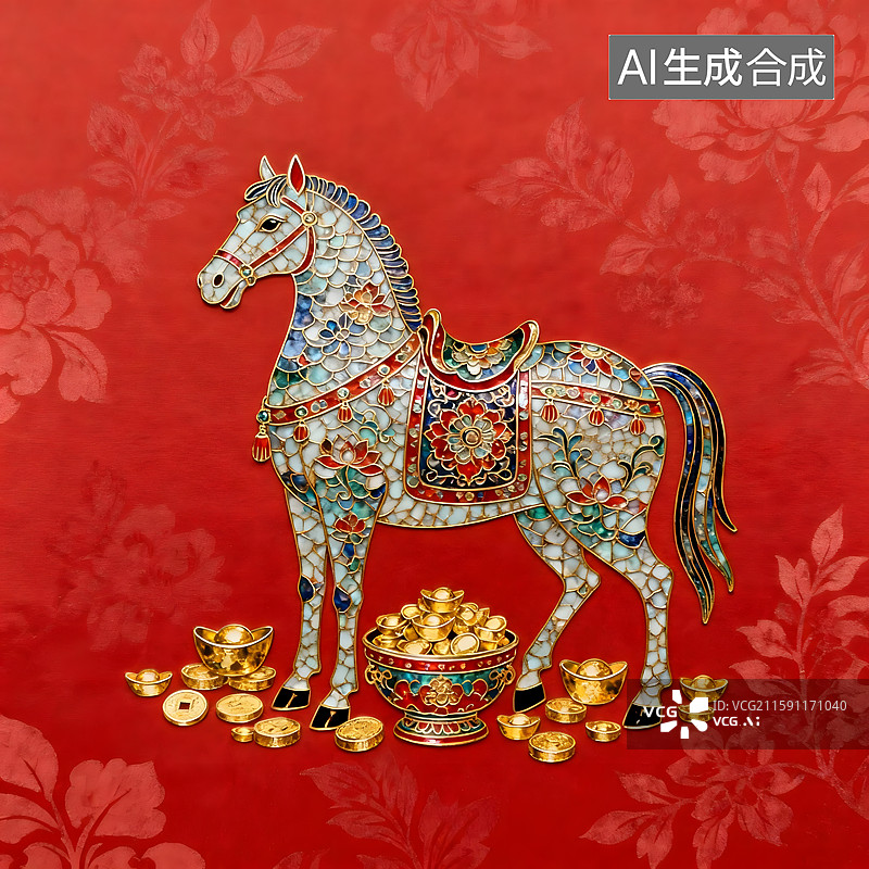 【AI数字艺术】春节新年拜年景泰蓝掐丝珐琅风格插图鲜衣怒马图片素材