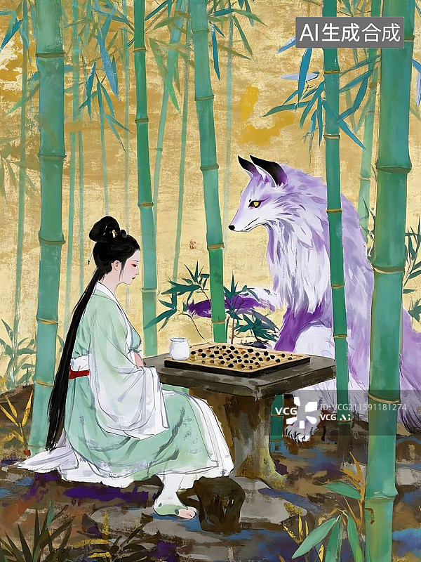 【AI数字艺术】竹林弈棋女子狐狸图片素材