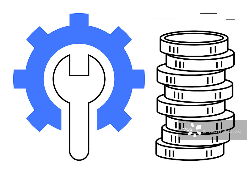 带扳手的齿轮和一堆硬币的象征图片素材
