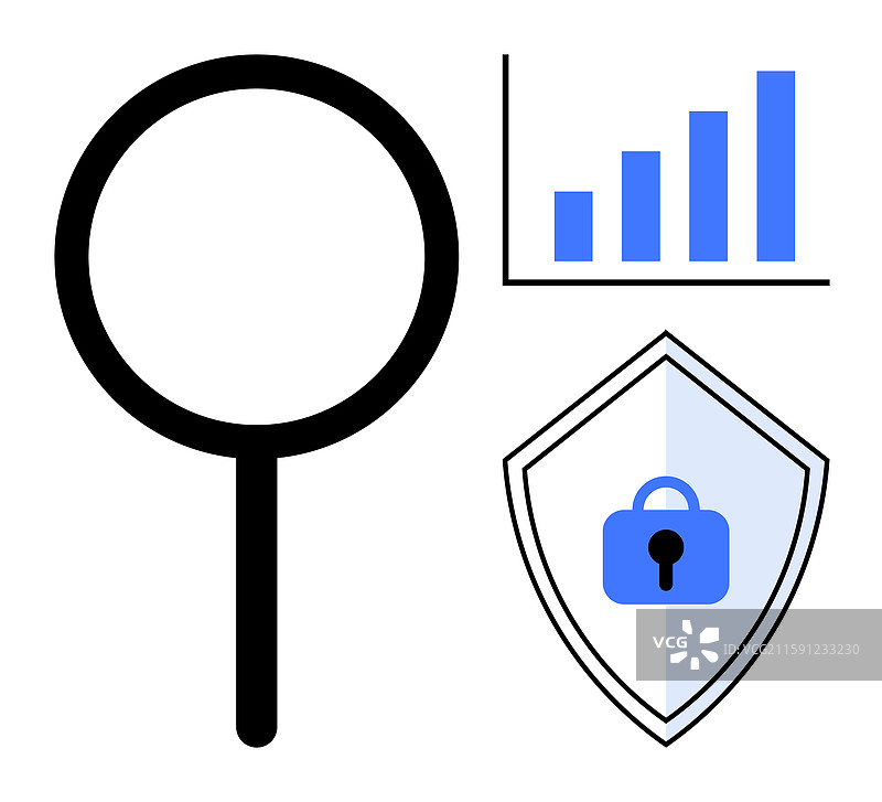 放大镜、柱状图和带锁的盾牌图片素材