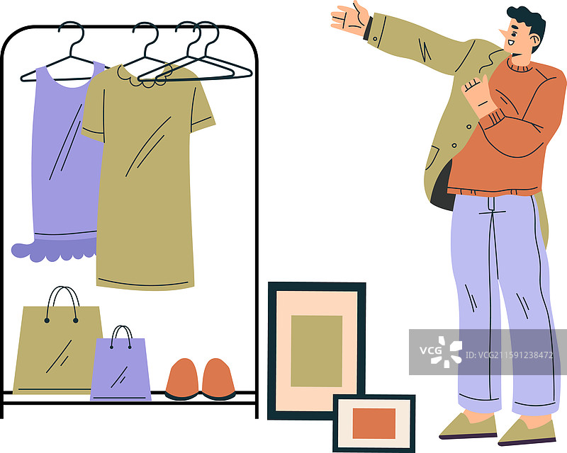 周末市场上有一个男性角色在购买衣物图片素材