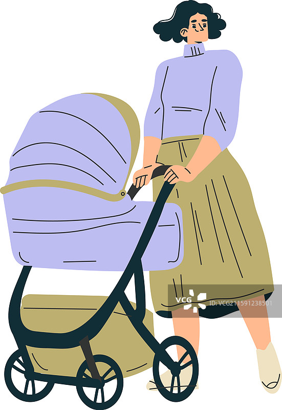 母亲推着婴儿车散步图片素材