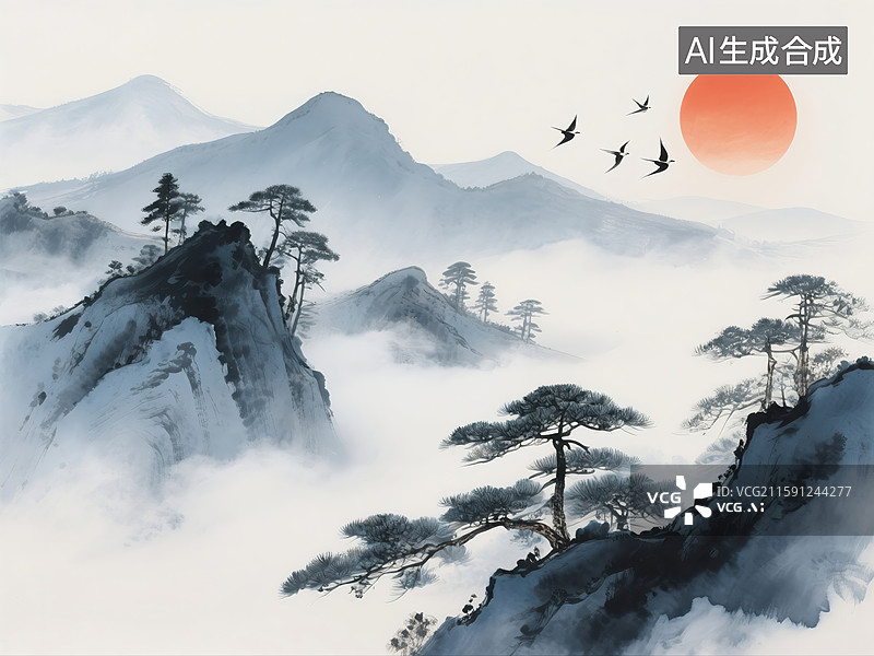 【AI数字艺术】水墨松峰旭日飞鸟图图片素材