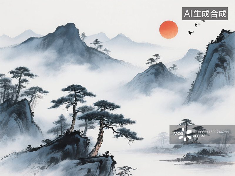 【AI数字艺术】水墨松峰旭日飞鸟图图片素材