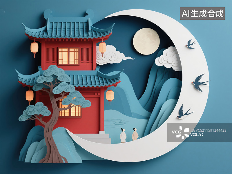 【AI数字艺术】纸雕月下古阁仕女图图片素材