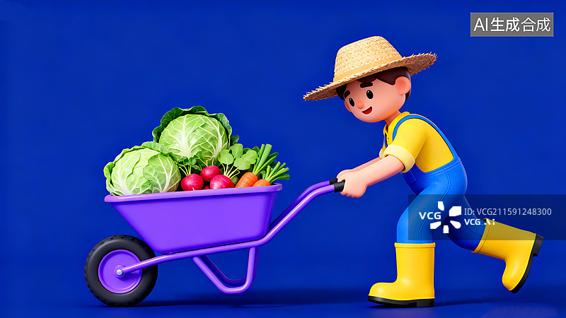 【AI数字艺术】农夫手推装满蔬菜的购物车3D卡通插画图片素材