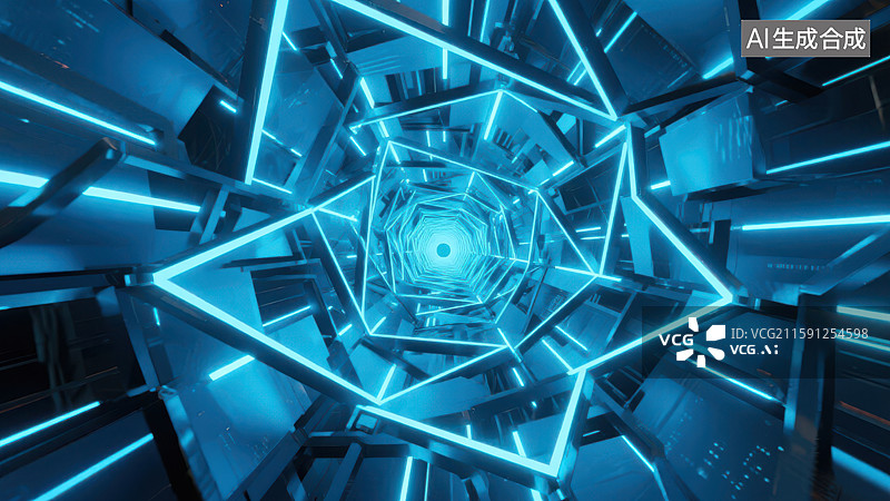 【AI数字艺术】蓝色霓虹灯构成的未来科技隧道图片素材