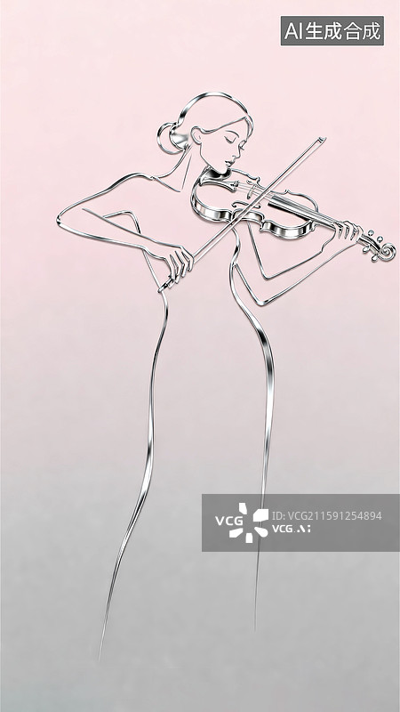 【AI数字艺术】金属线条极简剪影女孩小提琴音乐涂鸦图片素材