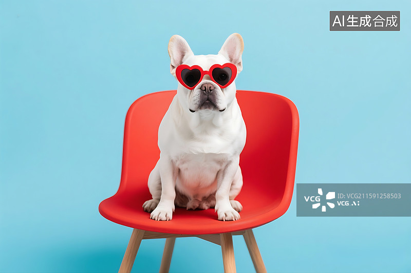 【AI数字艺术】白色法国斗牛犬带着爱心形状墨镜 时尚 清新 可爱 柯基狗 海报宣传广告素材图片素材