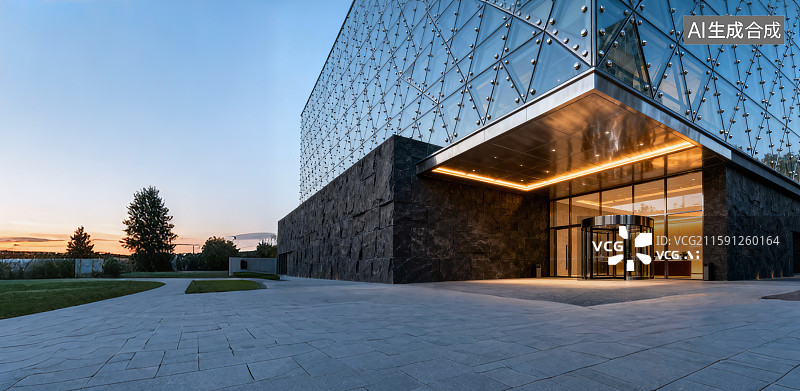 【AI数字艺术】现代简约风格玻璃建筑，汽车广告背景图图片素材