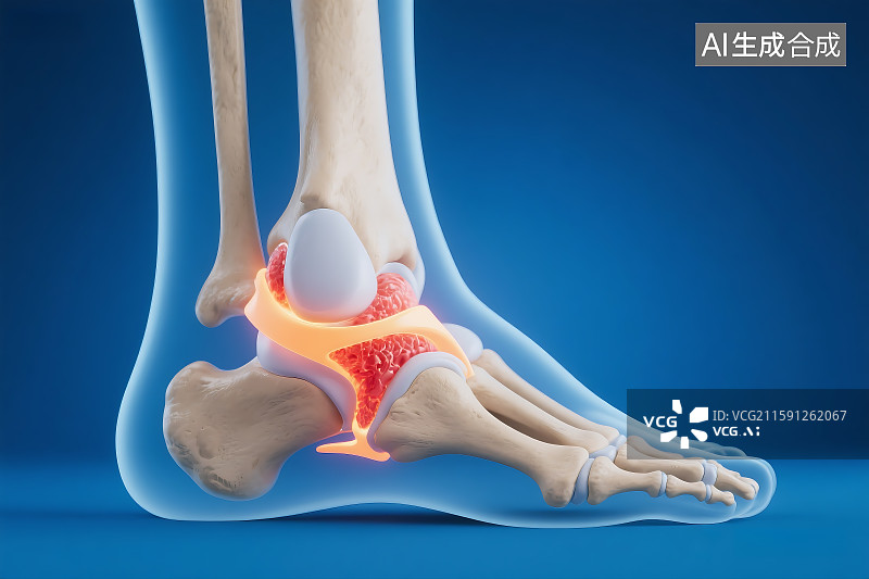 【AI数字艺术】踝关节炎症 3D医疗科普插图 关节疼痛 扭伤 康复治疗 骨科图片素材