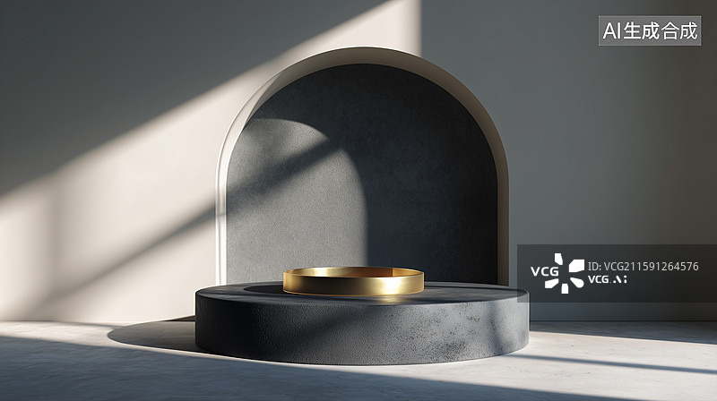 【AI数字艺术】工业极简混凝土金托盘拱龛图片素材