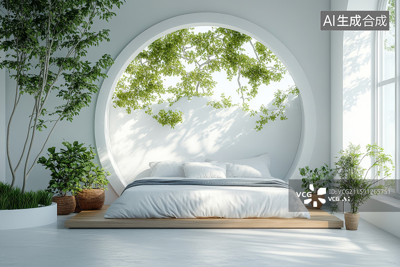 【AI数字艺术】现代简约卧室，圆形窗景绿植环绕图片素材