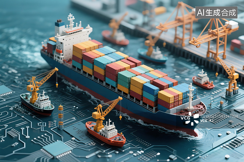 【AI数字艺术】微缩集装箱货轮模型和计算机芯片 国际贸易 关税战 进出口贸易 全球供应链图片素材