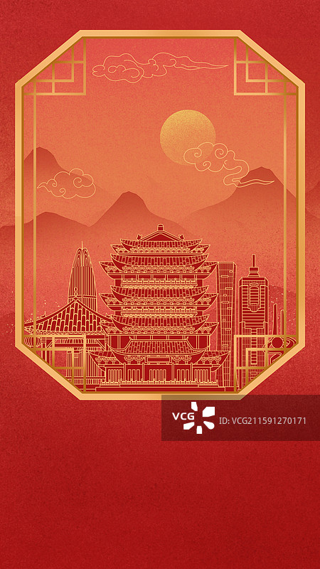 济南红色中秋节中国风新年古典淡雅山峰窗户景观城市图片素材