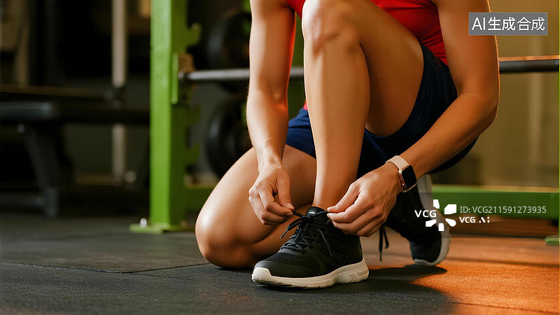 【AI数字艺术】健身房内，女子正系紧运动鞋带图片素材