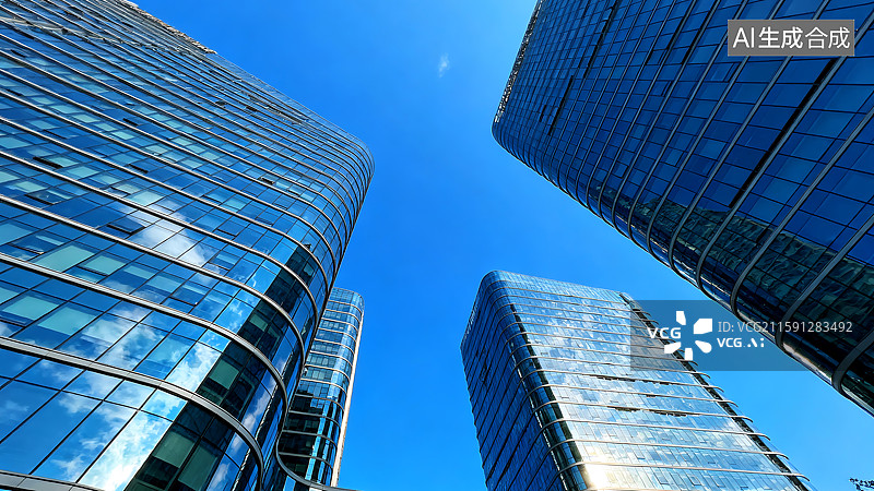 【AI数字艺术】蓝天下现代建筑的低视角 金融商务区 摩天大楼 风景图片素材