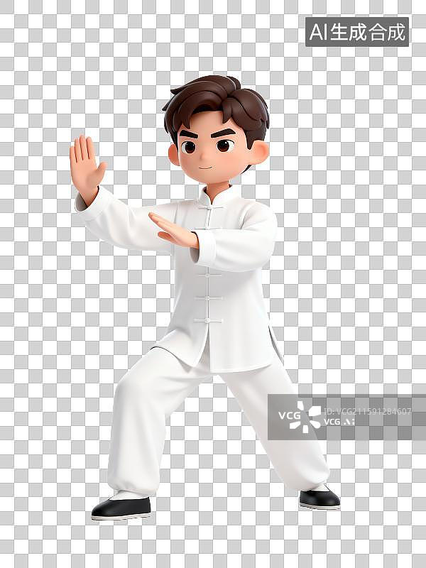 【AI数字艺术】3D免抠元素，一个年轻男人身穿白色太极服，正在打太极拳图片素材