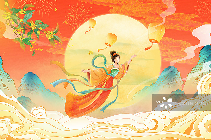 庆中秋节迎国庆节 嫦娥飞舞在满月旁 桂花飘香  祥云和群山背景 横版图片素材