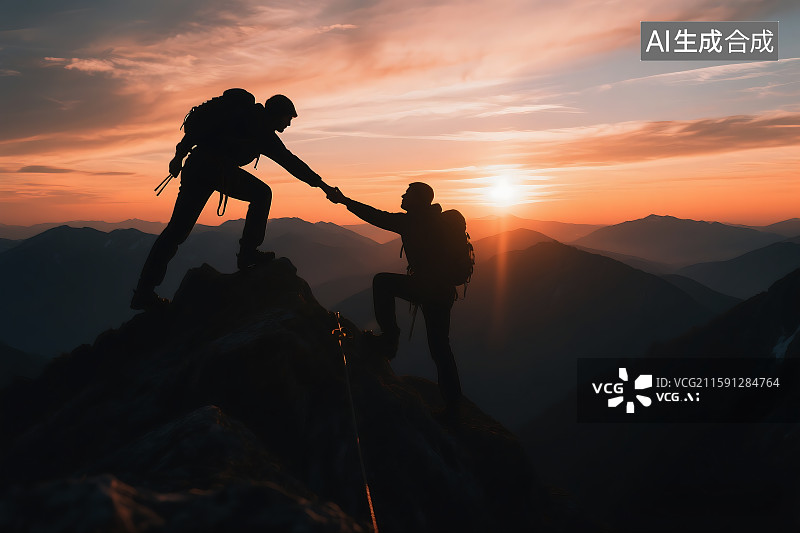 【AI数字艺术】夕阳下登山者互相帮助 团队合作攀登高峰 广告海报背景素材 企业文化 商业 成功 团结协作图片素材