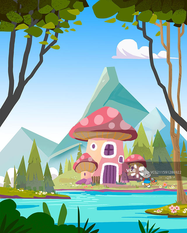 手绘蘑菇房子-童话世界-小兔子图片素材