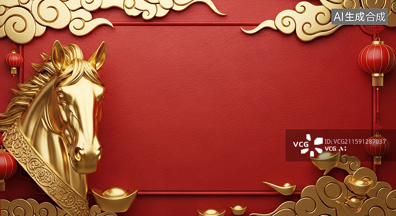 【AI数字艺术】红色背景上的金色马头新春装饰图片素材
