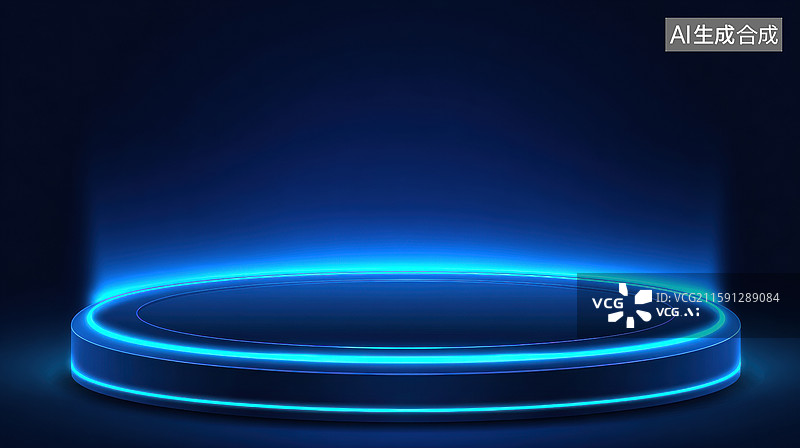 【AI数字艺术】未来主义高科技讲台发光蓝色霓虹灯靛蓝色背景现代圆形平台产品展示和商业广告设计图片素材