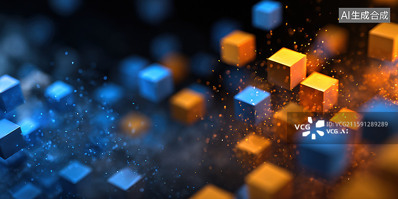 【AI数字艺术】抽象黑暗空间背景配橙色和红色激光束从左向右射出几何正方形图案企业年会漂浮尘埃粒子和电影视觉效果戏剧性图片素材