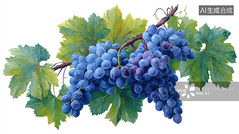 【AI数字艺术】新鲜葡萄串带绿叶白色背景创意商业食品设计节日礼品包装农业维生素水果产品乡村振兴中秋节图片素材