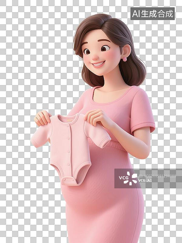 【AI数字艺术】3D渲染卡通人物，一个孕妇，手里拿着婴儿的衣服，怀孕，孕育，女性，母婴，妇科，产科，免抠元素图片素材