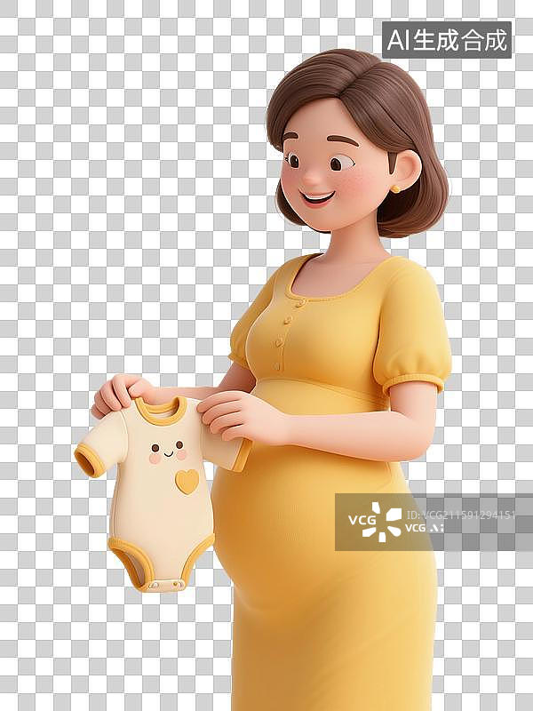 【AI数字艺术】3D渲染卡通人物，一个孕妇，手里拿着婴儿的衣服，怀孕，孕育，女性，母婴，妇科，产科，免抠元素图片素材