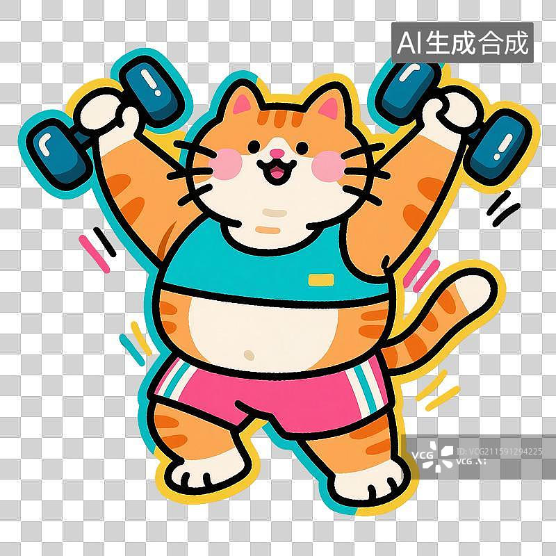 【AI数字艺术】治愈系手绘插画，卡通动物，一只胖乎乎的橘猫举着哑铃，正在健身，运动，锻炼，减肥瘦身，免抠元素图片素材