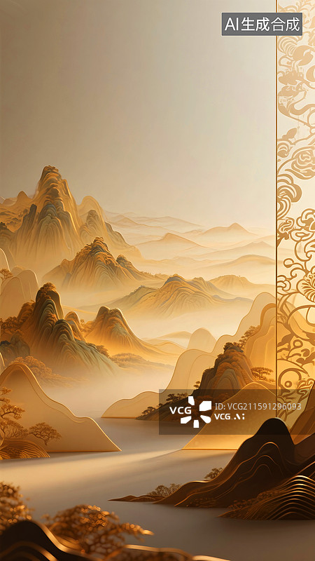【AI数字艺术】金色千里江山图优雅镂空花纹风景海报图片素材