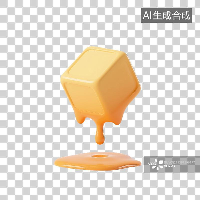 【AI数字艺术】3D渲染，融化的黄油，奶酪，黄色立方体，食品，美食，免抠元素图片素材