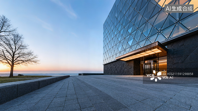 【AI数字艺术】现代简约风格玻璃建筑，汽车广告背景图图片素材